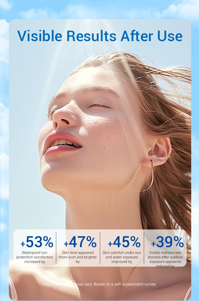 Person with flowing hair and earrings under bright sky, showing skincare product results like improved skin tone and comfort.